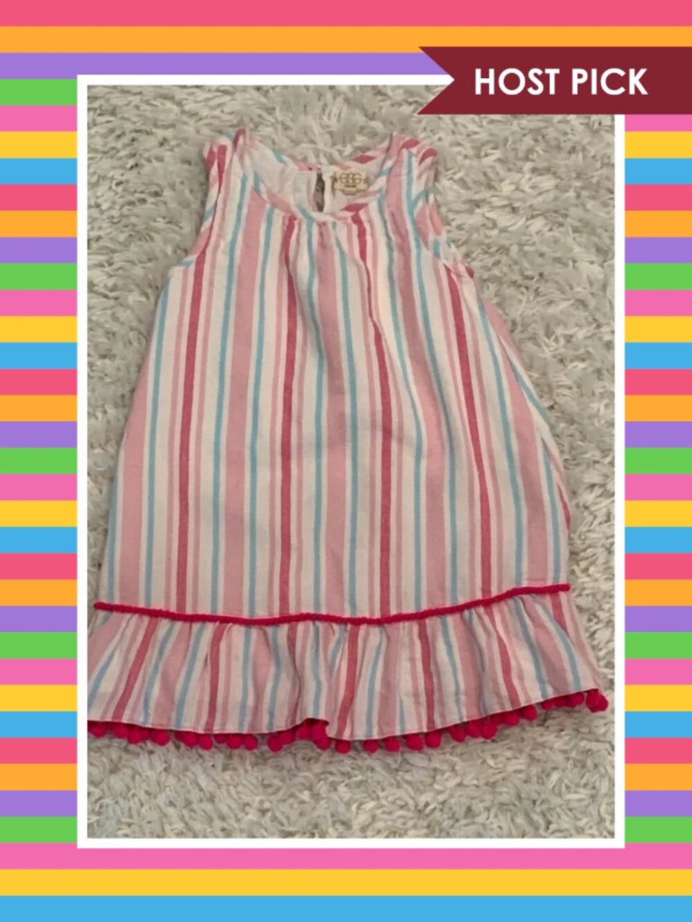 Egg New York Striped Sleeveless Dress with Pom-Pom Trim (4T)